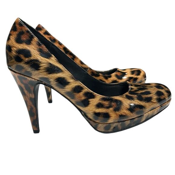 Worthington Leopard Print High Heels Closed Almond Toe Shiny Cheetah Print Pumps - Picture 1 of 12